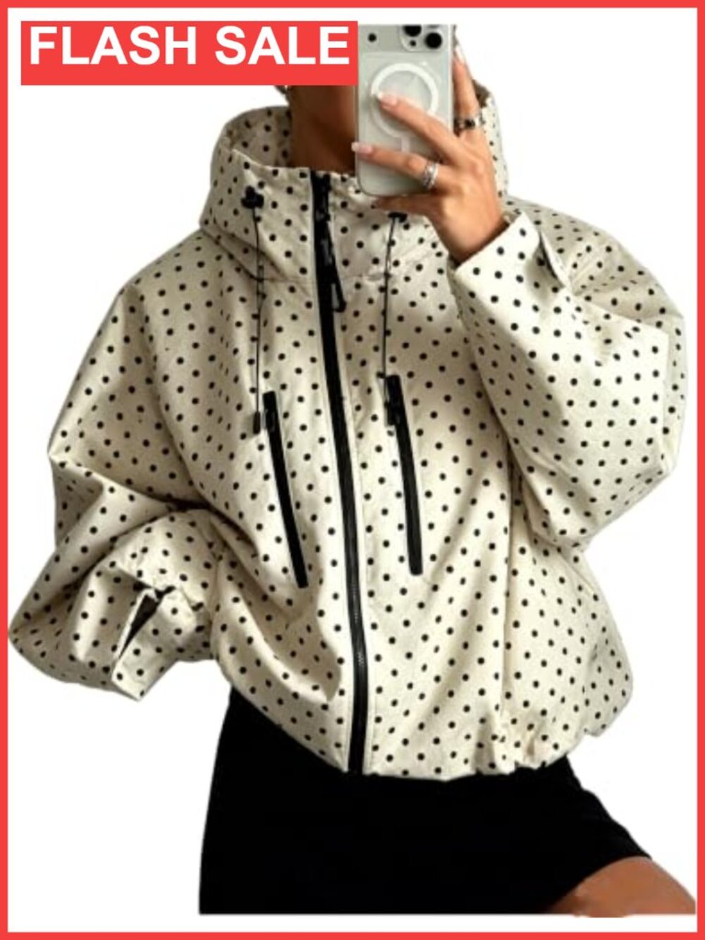 UANEO Polka Dot Hooded Windbreaker Jacket Zip Up Pockets